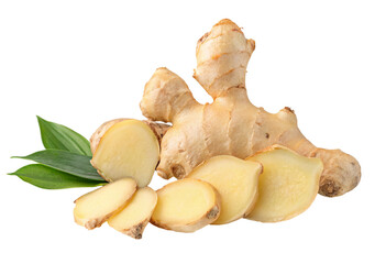 Fresh ginger root and sliced pieces with green leaves on white background health benefits concept