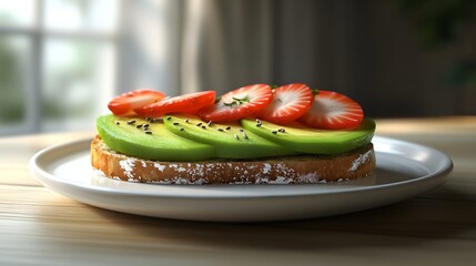 Photograph of avocado toast with sliced strawberries and black sesame seeds on a white plate.