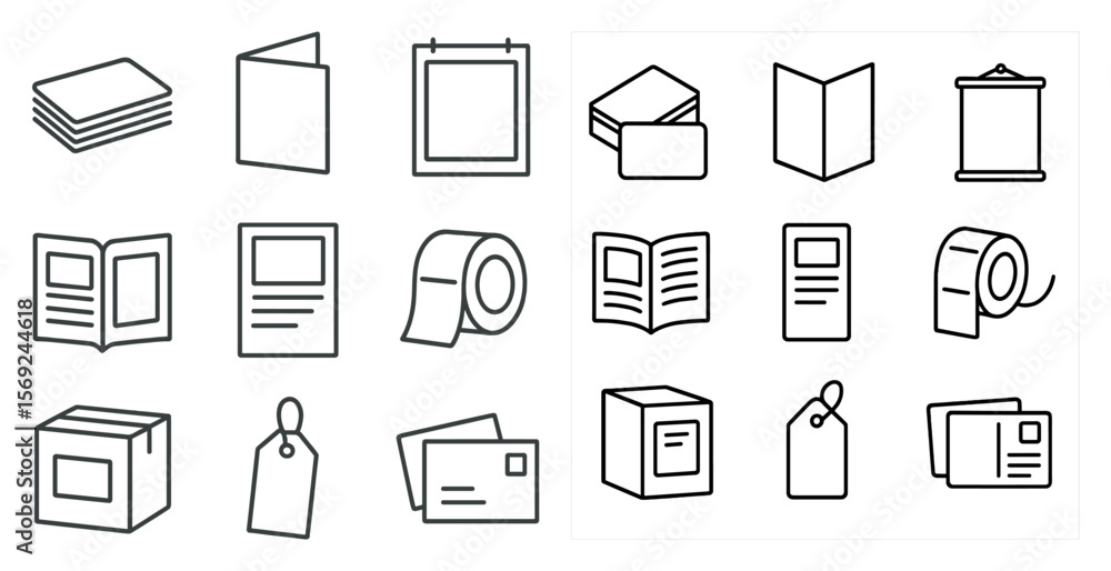 Poster set of paper items including books, magazines, and toilet paper. the items are arranged in a grid, w