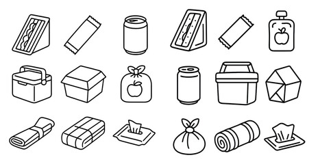 Collection of food items and containers, including a sandwich, a can of soda, a sandwich bag, a sandwich box, a sandwich bag, a sandwich bag, a sandwich bag, a sandwich bag, a sandwich bag, a sandwi