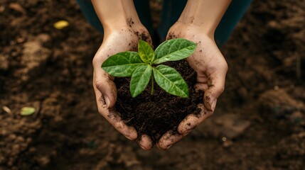 Photograph of hands cradling a small plant seedling in dark soil.