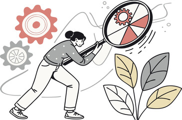 Man looking at round diagram through a magnifying glass. Modern collage style. Illustration on transparent background.magnifying glass, analysis, check, collage, discovery, exploration, finance, find,