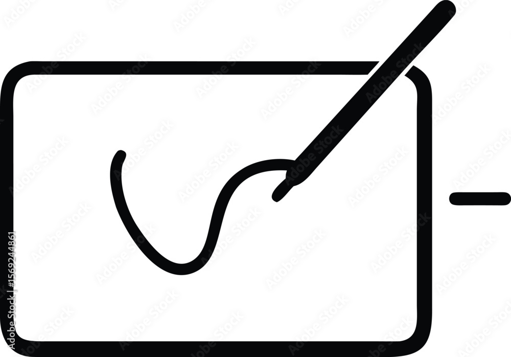 Poster digital drawing tablet with stylus creating a simple curved line illustration