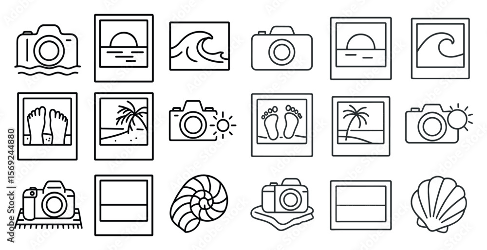 Poster set of images of various things, including a camera, a shell, and a foot. the images are all in blac