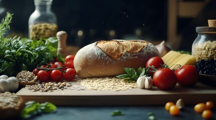 Rustic photograph showcases a loaf of bread with fresh herbs, tomatoes, grains, and cheese on a wooden board.