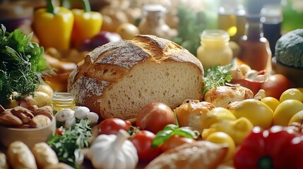 Photograph of a rustic still life showcasing fresh produce, bread, and herbs arranged on a wooden surface.