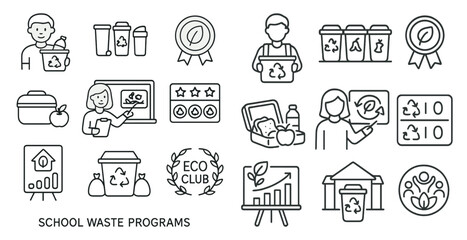 School waste programs are shown in a series of icons. The icons include a person holding a trash can, a person holding a box, a person holding a laptop, a person holding a cup