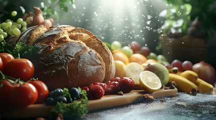 Digital illustration of rustic still life featuring a loaf of bread surrounded by fresh fruits and vegetables on a...