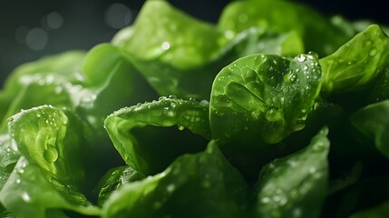 Photograph of fresh green lettuce leaves with glistening water droplets.