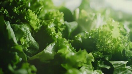 Photograph of fresh lettuce leaves, close-up, showcasing textured folds and moisture droplets.
