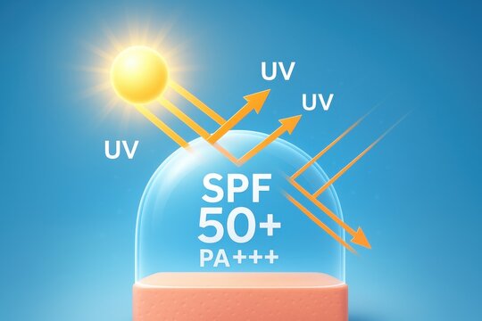 Sun Protection: Illustrative representation of effective sun protection, SPF 50+ PA+++, shielding against harmful UV rays, depicted with an inviting, bright illustration.