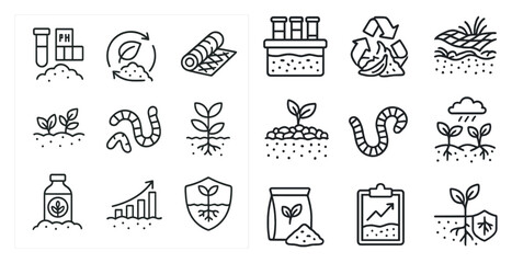 Set of icons for a gardening theme. The icons include a bottle, a plant, a leaf, a bottle cap, a plant, a plant, a plant, a plant, a plant, a plant, a plant, a plant
