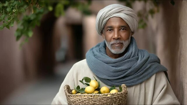 Old man selling lemons from woven basket on narrow street