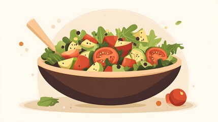 Digital illustration of a wooden bowl filled with a fresh garden salad featuring tomatoes, cucumbers, and olives.