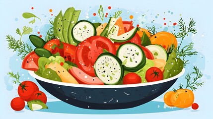 Digital illustration of a vibrant salad bowl filled with sliced vegetables and herbs, presented in a playful style.
