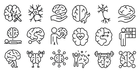 Series of brain icons, including a person lifting weights, a person holding a heart, and a person holding a wrench
