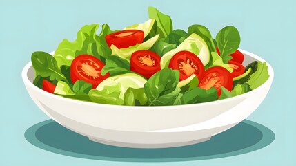 Digital illustration of a white bowl filled with leafy greens and sliced tomatoes.