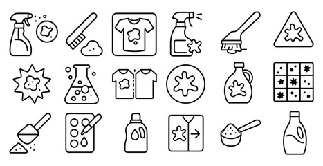 Set of icons for cleaning supplies, including a bottle of detergent, a brush, and a spray bottle