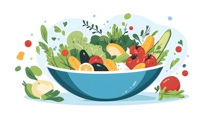 Digital illustration showcases a vibrant bowl filled with fresh fruits and vegetables, presented in a playful style.