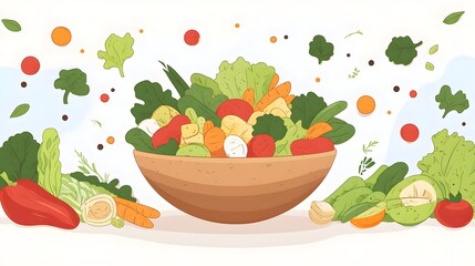 Digital illustration of a rustic wooden bowl overflowing with fresh, colorful vegetables and scattered leaves.