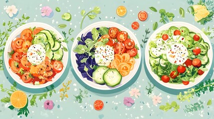 Digital illustration of three salads with tomatoes, cucumbers, herbs, and feta cheese on a light blue background.