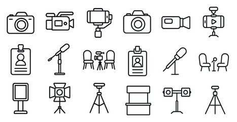 Set of camera icons including a camera, tripod, microphone, and chairs. The icons are arranged in a grid and are all in black