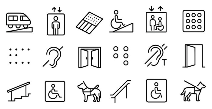 Series of icons that represent various accessibility features. The icons include a ramp, a dog, a person in a wheelchair, and a hand. Scene is one of accessibility and inclusivity