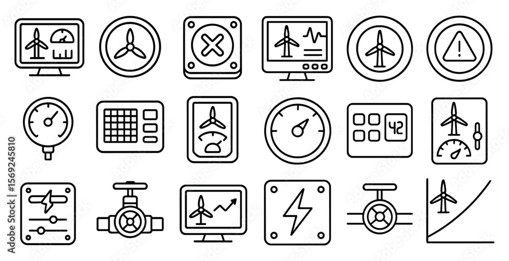 Poster set of icons for various airplane gauges and instruments. the icons are all in black and white and a