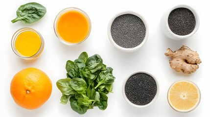 Flat lay photograph showcasing citrus fruits, leafy greens, chia seeds, and ginger on a white surface.