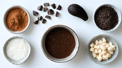 Photograph of five grey ceramic bowls containing dark chocolate, cocoa powder, chocolate chips, black rice, and...