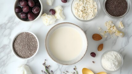 Photograph of white marble surface with various ingredients: chia seeds, coconut, almonds, yogurt, and lavender.
