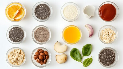 Flat lay photograph showcases various ingredients â€“ oats, chia seeds, almond slices, orange segments, garlic,...
