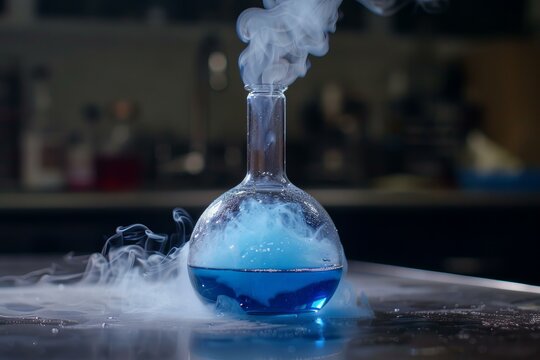 Smoke billowing from a round bottom flask containing a blue liquid during a chemical reaction in a laboratory setting