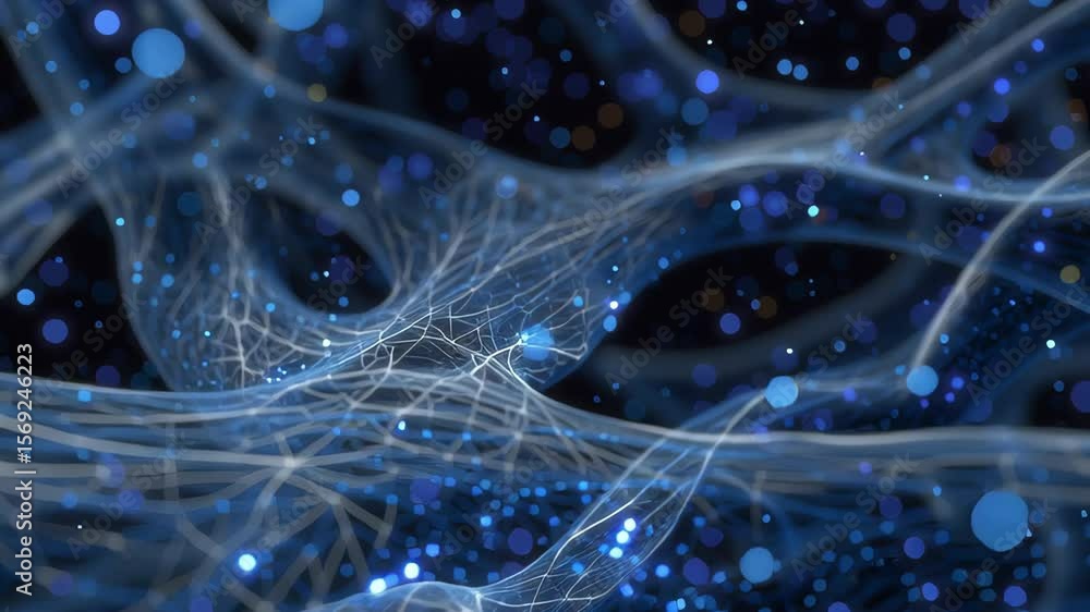 Poster a blue and white image of a brain with many blue and white dots. the dots are scattered throughout t