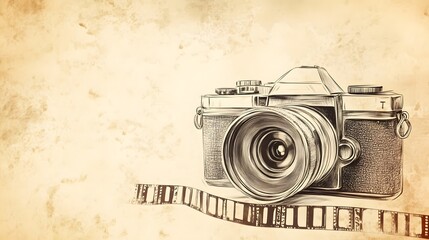 Detailed pencil drawing depicts a vintage film camera with a roll of film, showcasing a classic photography style.