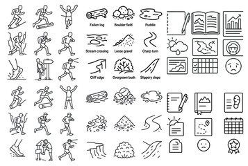 Collection of icons for various activities and objects, including running, hiking, and writing. The icons are all in black and white and are arranged in a grid
