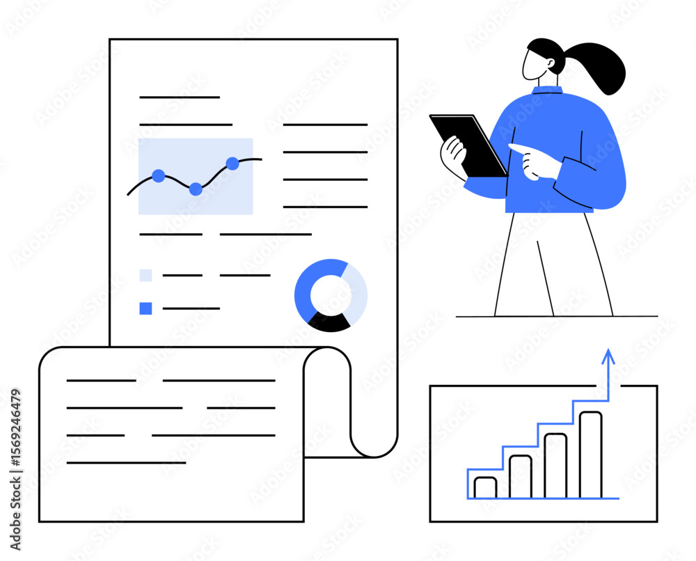 Poster professional reviewing data on a tablet near a report with graphs, charts, and growth analytics. ide