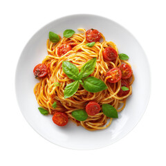 Delicious plate of spaghetti pasta with fresh tomato sauce and basil garnishing