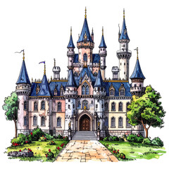 Obraz premium Fairytale Blue Castle Watercolor Illustration