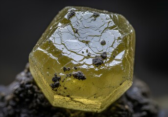 macro photograph of a unique heart shaped yellow sulfur mineral with a cracked surface