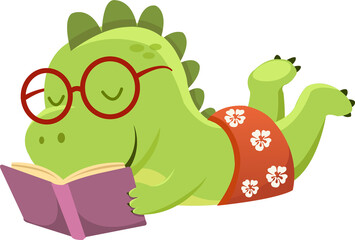 Cute Dinosaur Lying And Reading Book With Joy