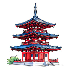 Three Story Red and Blue Pagoda Illustration