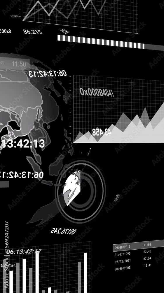 Poster animation of icons and data processing over globe on black background