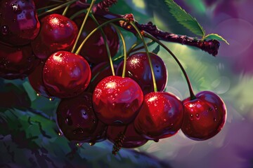 Close up of juicy red cherries glistening with water droplets, hanging from a branch in an orchard, showcasing the beauty of nature's bounty