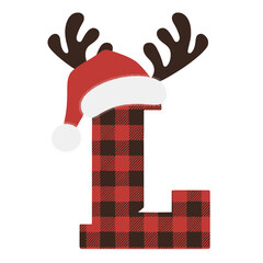 Christmas letter L with plaid, antlers, and Santa hat, Festive uppercase letter L decorated with a red plaid pattern, Santa hat, and cartoon antlers, perfect for holiday crafts and Christmas-themed 

