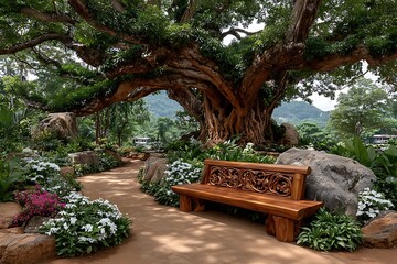 Banyan tree shade with wooden seating high resolution picture