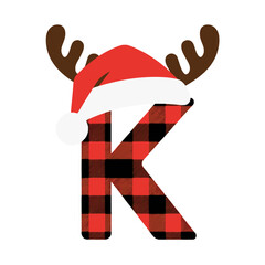 Christmas letter K with plaid, antlers, and Santa hat, Festive uppercase letter K decorated with a red plaid pattern, cartoon antlers, and Santa hat, ideal for Christmas crafts and holiday-themed 
