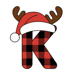 Christmas letter K with plaid, antlers, and Santa hat, Festive uppercase letter K decorated with a red plaid pattern, cartoon antlers, and Santa hat, ideal for Christmas crafts and holiday-themed 
