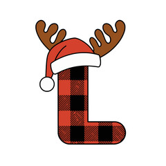 Christmas letter L with plaid, antlers, and Santa hat, Festive uppercase letter L decorated with a red plaid pattern, Santa hat, and cartoon antlers, perfect for holiday crafts and Christmas-themed 
