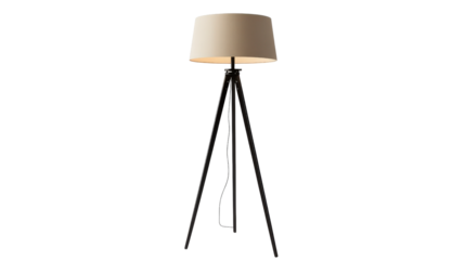 Floor lamp with black tripod base and cone-shaped fabric lampshade Transparent background, PNG